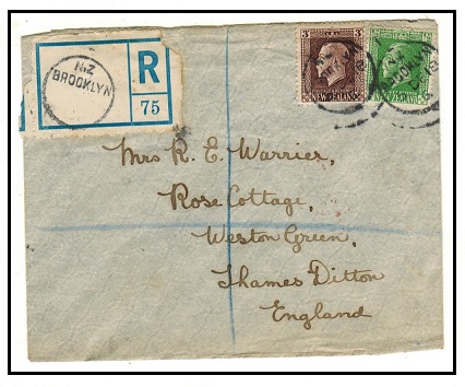 NEW ZEALAND - 1918 3 1/2d registered cover to UK used at BROOKLYN.