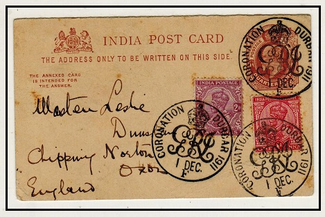 INDIA - 1911 outward section of 1/4a+1/4a PSRC to UK uprated and struck CORONATION DURBAR.  H&G 16.