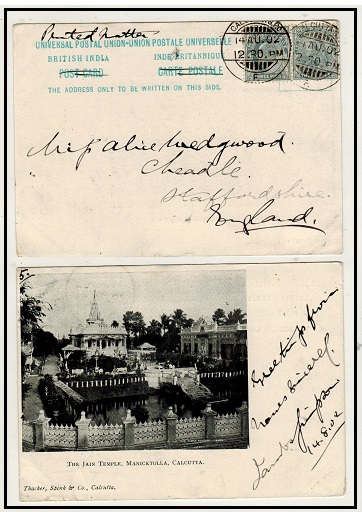INDIA - 1902 QV 3p + EDW VII 3p combination UPU postcard use to UK from CALCUTTA.