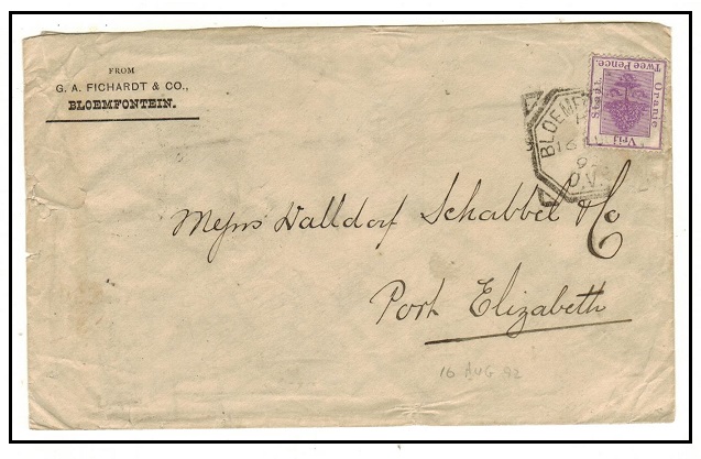ORANGE FREE STATE - 1892 2d rate cover to Port Elizabeth used at BLOEMFONTEIN.