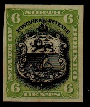 NORTH BORNEO - 1894 6c IMPERFORATE PLATE PROOF.