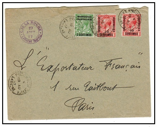 MOROCCO AGENCIES - 1917 25c rate un-censored cover to France used at LARACHE.