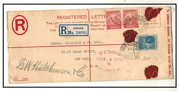 BARBADOS - 1924 3d blue uprated RPSE (size H2) to USA used at RLO/BARBADOS. H&G 13b.