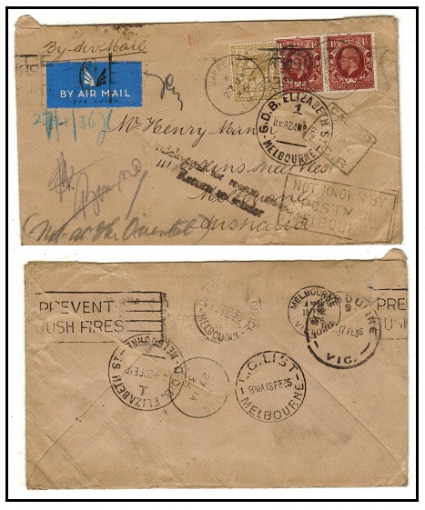 AUSTRALIA - 1936 inward UNDELIVERED FOR REASON STATED cover from UK with NOT KNOWN h/s