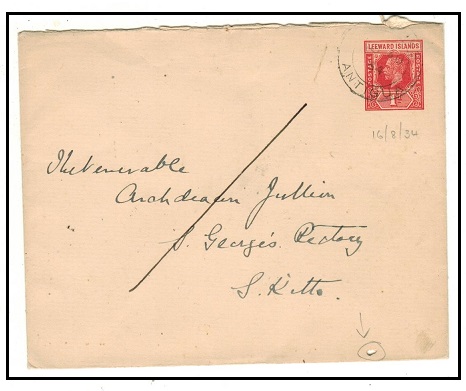 ANTIGUA - 1928 1d red PSE of Leeward Islands to St.Kitts.  H&G 7.