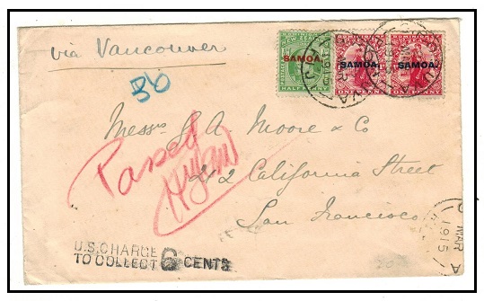 SAMOA - 1915 underpaid cover to USA with manuscript censor marking.