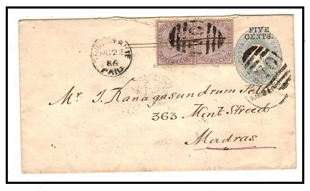 CEYLON - 1885 FIVE CENTS on 4c grey PSE to India uprated at TRINCOMILEE.  H&G 18.