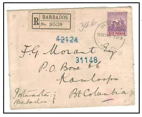 BARBADOS - 1909 6d rate registered cover to USA.