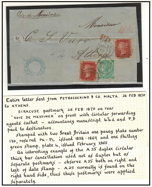MALTA - 1870 use of GB 1/- + 2d rate outer wrapper to Greece struck 
