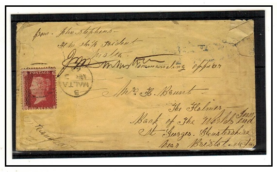 MALTA - 1863 use of GB 1d rate seamans cover to UK from HM Trident docked at Malta.