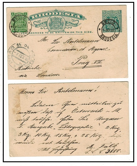 RHODESIA - 1903 1/2d green PSC uprated to Austria used at GWELO.  H&G 13.