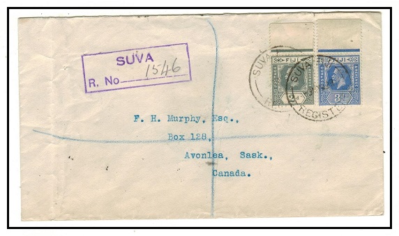 FIJI - 1929 5d rate registered cover to Canada used at SUVA.