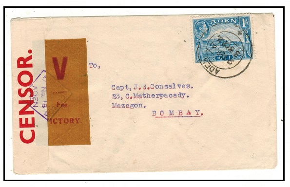 ADEN - 1941 1a rate censor cover to India with rare 