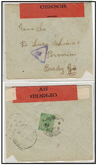 INDIA - 1916 1/2a rate censored cover to Goa from Belgaum Camp.