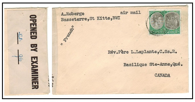 ST.KITTS - 1944 1/- rate censor cover to Canada.