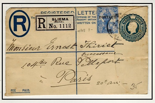 MALTA - 1923 3d blue RPSE (size G) uprated to France used at SLIEMA.  H&G 6.