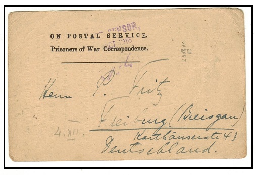 INDIA - 1916 ON POSTAL SERVICE prisoner of war censored postcard to Germany.