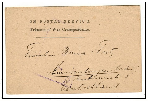 INDIA - 1918 ON POSTAL SERVICE prisoner of war censored postcard to Germany.