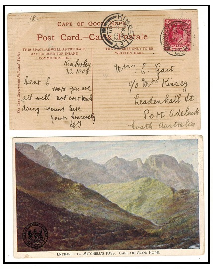 CAPE OF GOOD HOPE - 1907 1d rate postcard to Australia used at KIMBERLEY STATION.