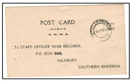 SOUTH AFRICA - 1927 use of OHMS postcard used at STELLENBOSCH.