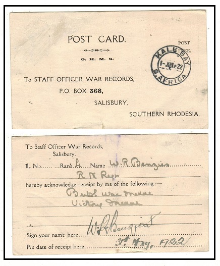 SOUTH AFRICA - 1922 use of OHMS postcard used at KALK BAY.