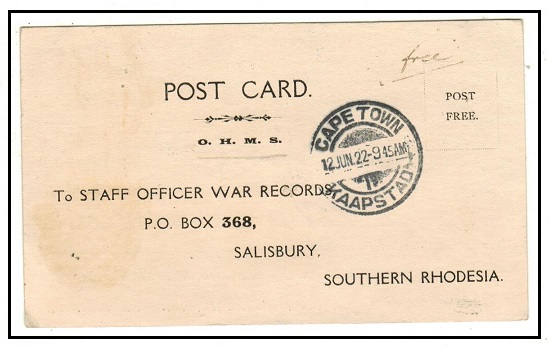 SOUTH AFRICA - 1922 use of OHMS postcard used at CAPE TOWN.