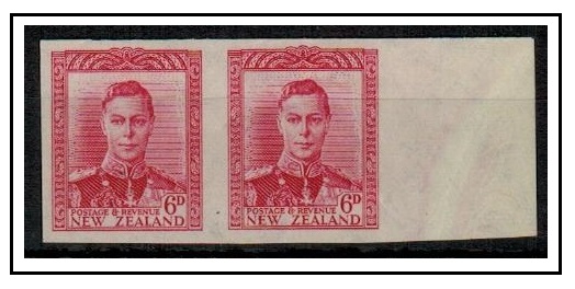 NEW ZEALAND - 1947 6d IMPERFORATE PLATE PROOF pair in carmine.