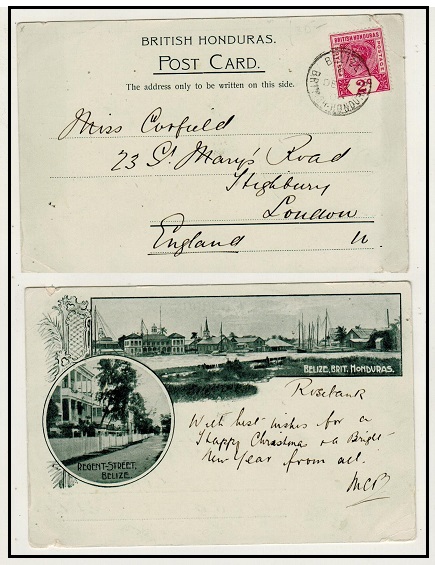 BRITISH HONDURAS - 1900 2c rate postcard use to UK.
A rare early use.