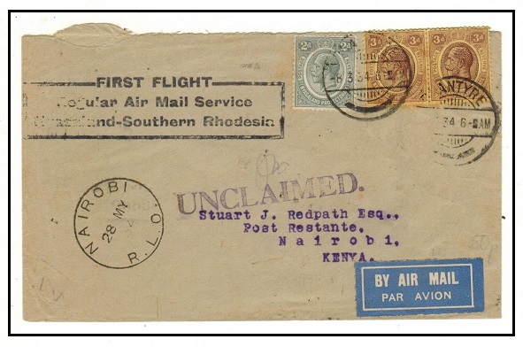 K.U.T. - 1934 inward first flight cover from Nyasaland with UNCLAIMED and 