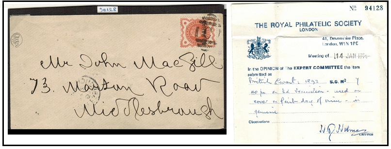 BRITISH LEVANT - 1893 40pa on 1/2d first day surcharge use on cover to UK. RPS certificate.
