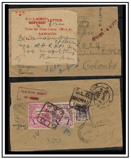 BURMA - 1948 returned undelivered cover to Ceylon with rare DEAD LETTER RANGOON label applied.