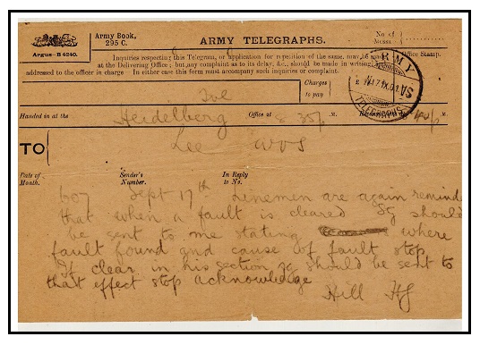 TRANSVAAL - 1901 use of ARMY TELEGRAPHS form cancelled 