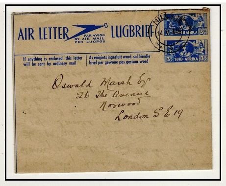 SOUTH AFRICA - 1944 3d+3d blue on buff air letter used at MILLSITE.  H&G 1.