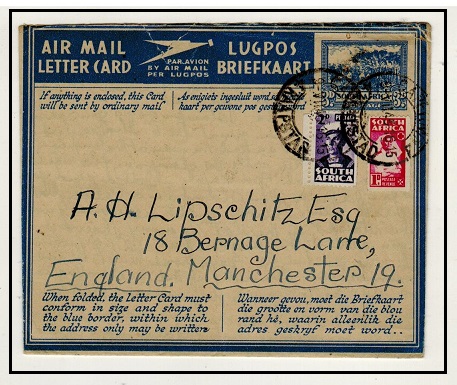 SOUTH AFRICA - 1945 3d ultramarine air mail letter sheet uprated to UK used at CAPETOWN.  H&G 17.