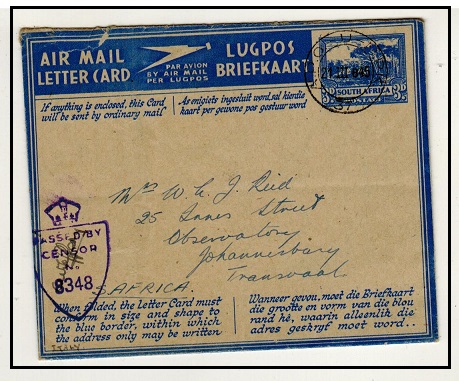 SOUTH AFRICA - 1945 3d ultramarine air mail censored letter sheet used at APO-UMP K/37.  H&G 17.
