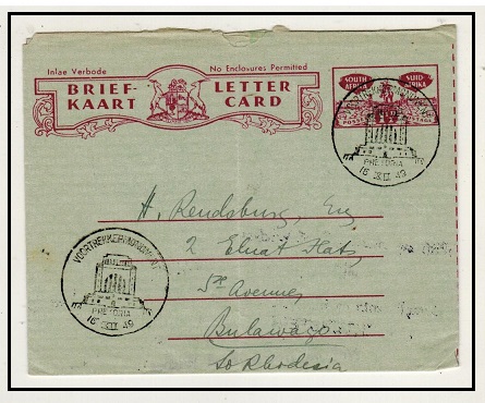 SOUTH AFRICA - 1948 1 1/2d plum letter card
 to Bulawayo used at VOORTREKKEPMONUMENT/PRETORIA.
