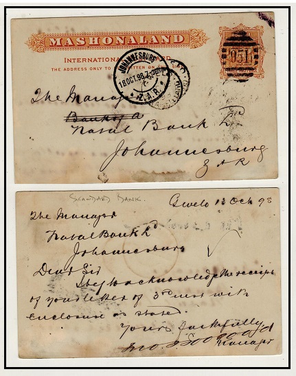 RHODESIA - 1893 1 1/2d brown-yellow PSC to Johannesburg struck 