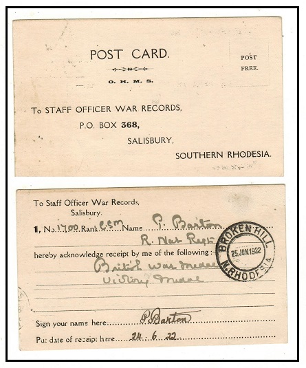RHODESIA - 1922 use of OHMS postcard for war medal used at BROKEN HILL.