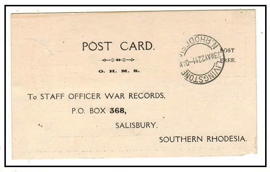 RHODESIA - 1922 use of OHMS postcard for war medal used at LIVINGSTONE.