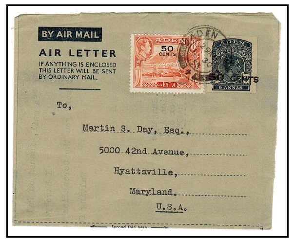 ADEN - 1952 50c on 6a air letter to USA uprated at ADEN.  H&G 5.