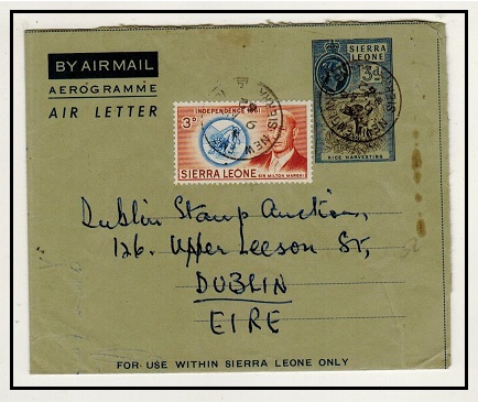 SIERRA LEONE - 1961 3d blue on grey air letter uprated to Ireland used at NEW ENGLAND.  H&G 7.