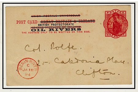 NIGER COAST - 1892 1d vermilion PSC to UK (no message) cancelled by red BENIN RIVER cds.  H&G 2.