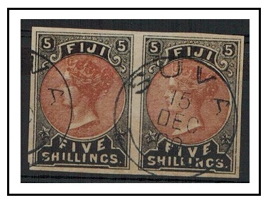 FIJI - 1882 5/- dull red and black IMPERFORATE pair cancelled SUVA.  