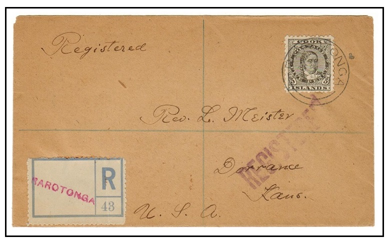 COOK ISLANDS - 1924 5d rate registered cover to USA cancelled RAROTONGA.