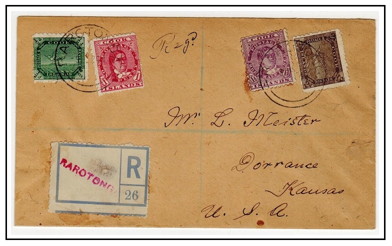COOK ISLANDS - 1924 multi franked registered cover to USA cancelled RAROTONGA.