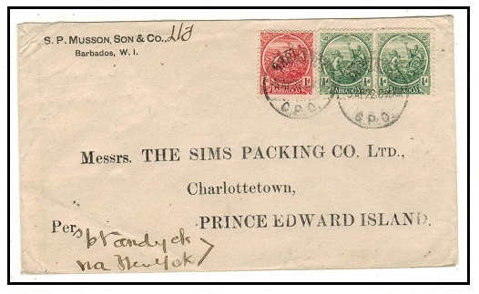 BARBADOS - 1922 2d rate commercial cover to Prince Edward Island.