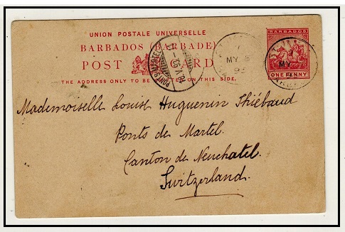 BARBADOS - 1892 1d carmine PSC to Switzerland used at ST.JAMES.  H&G 9.