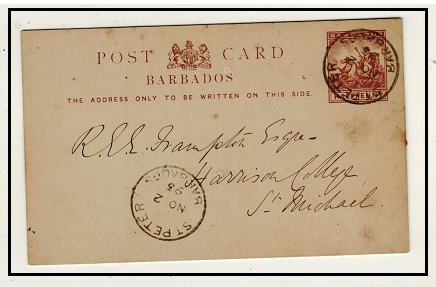 BARBADOS - 1892 1/2d reddish brown PSC used locally from ST.PETER.  H&G 8.