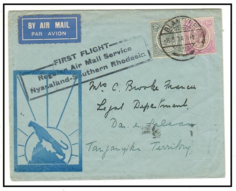 NYASALAND - 1934 8d rate first flight cover to Tanganyika.