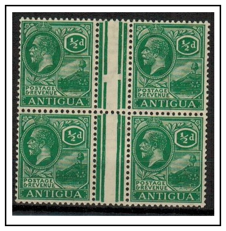 ANTIGUA - 1921 1/2d dull green mint block of four with GUTTER MARGIN.  SG 62.
